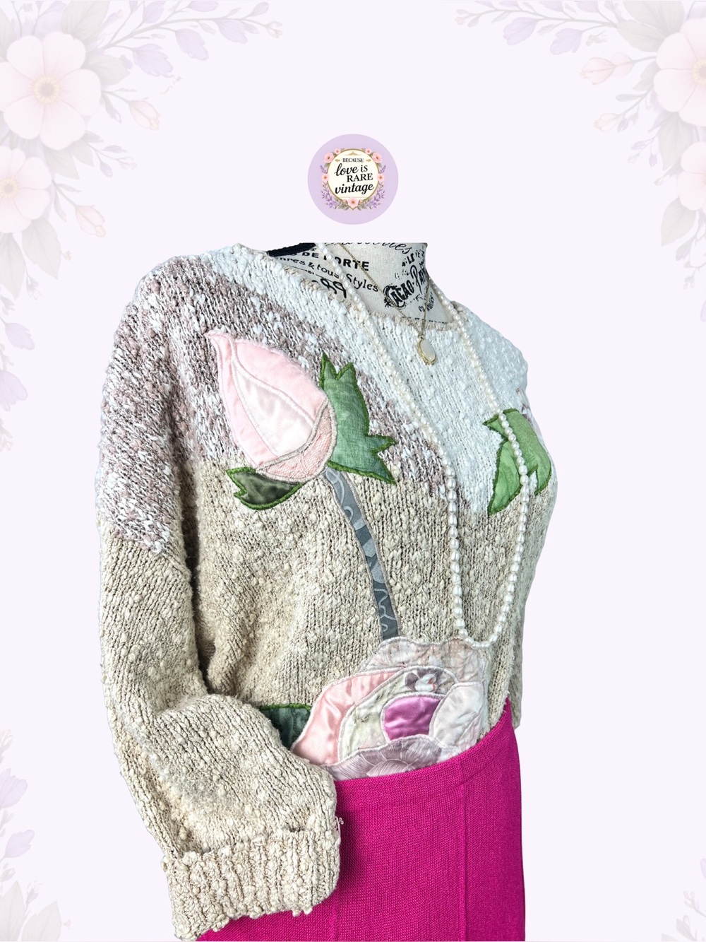 Vintage 1990s Floral Appliqué Knit Sweater • Artisan Pullover